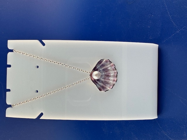 Pink shell with pearl pendant sterling silver and enamel