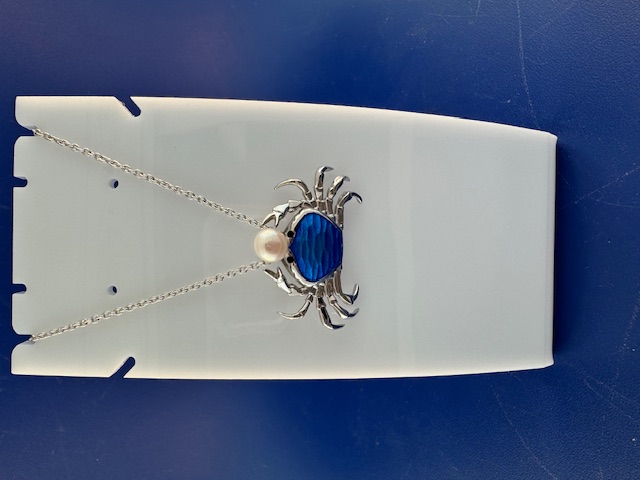 Crab and pearl pendant silver and enamel