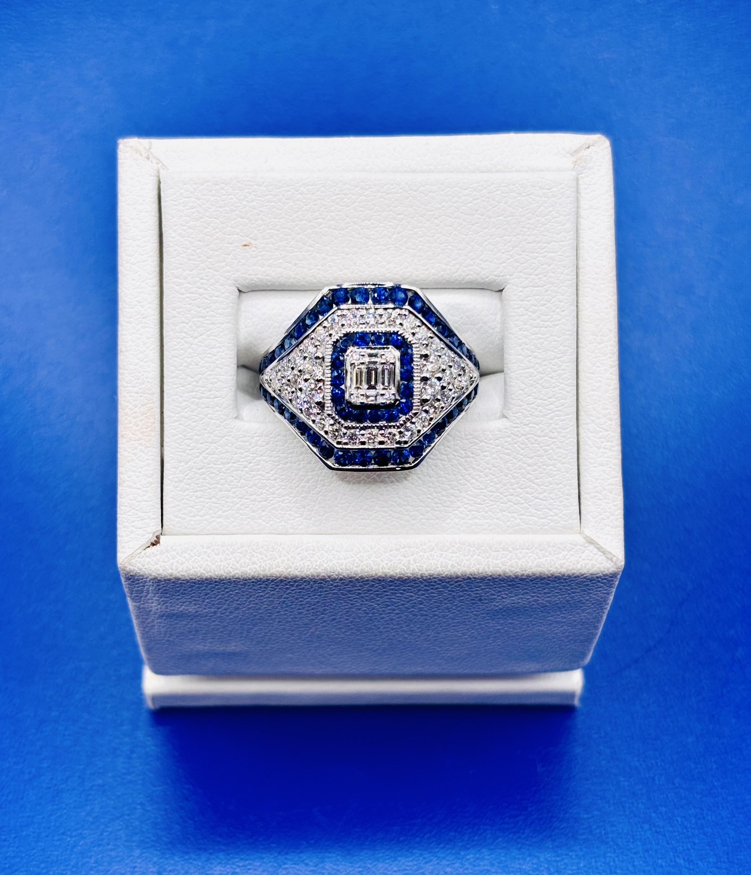 18kt White Gol Triple Halo Art Deco Sapphire & Diamond Ring